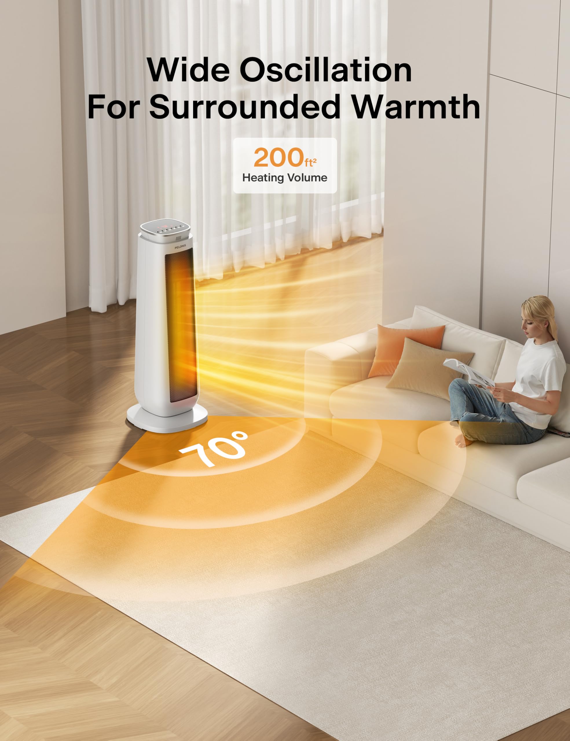 PELONIS tower heater in oscillation mode distributing warmth across space