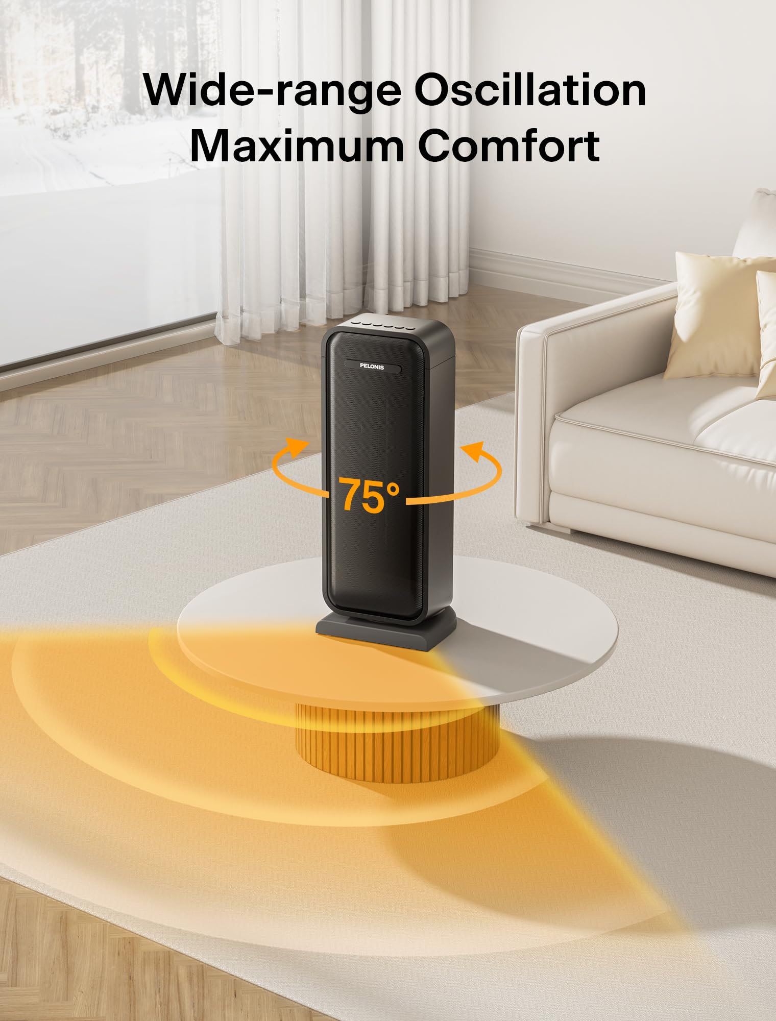 Pelonis PTC tower heater whisper-quiet operation for peaceful rooms.