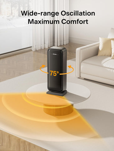 Pelonis PTC tower heater whisper-quiet operation for peaceful rooms.