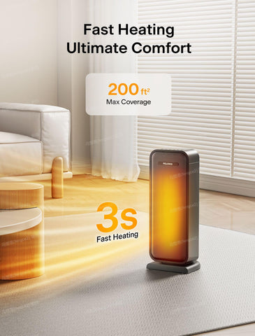 Pelonis PTC tower heater with remote control for easy temperature management.