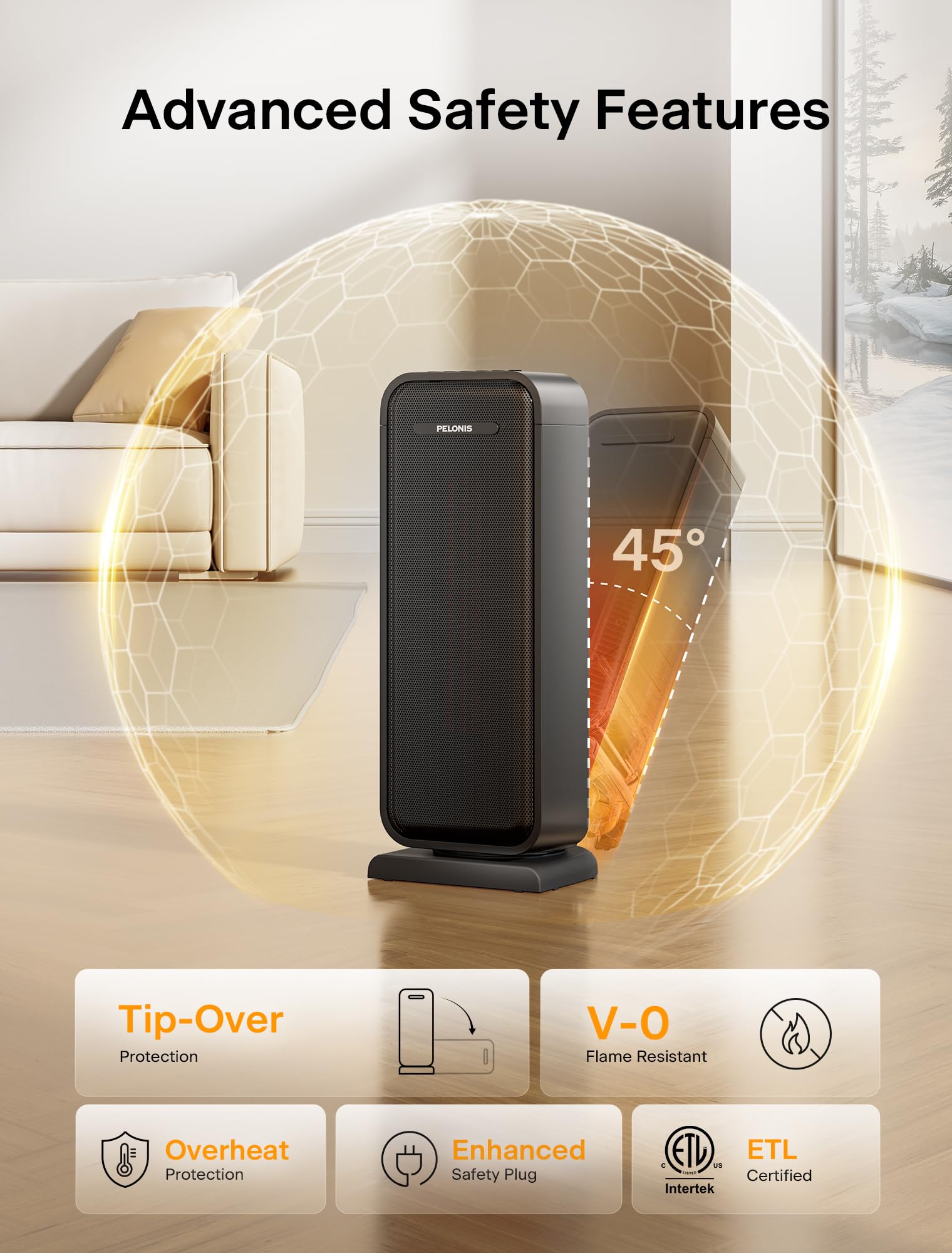 Pelonis PTC tower heater safety features include tip-over and overheat protection.