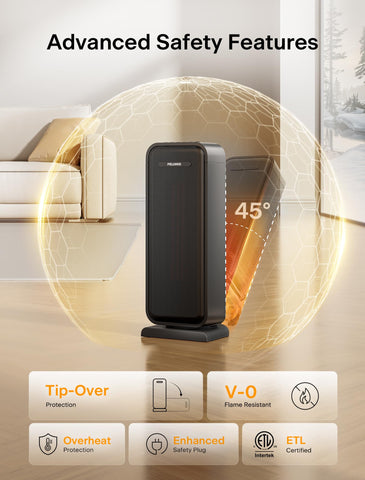 Pelonis PTC tower heater safety features include tip-over and overheat protection.
