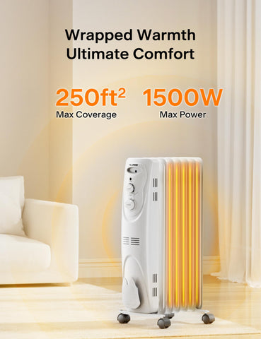 Pelonis radiator heater large space side view highlighting compact footprint and mobility