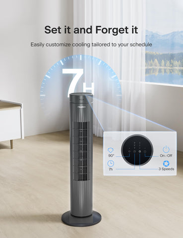 PELONIS remote-control tower fan for easy on/off and speed adjustments.