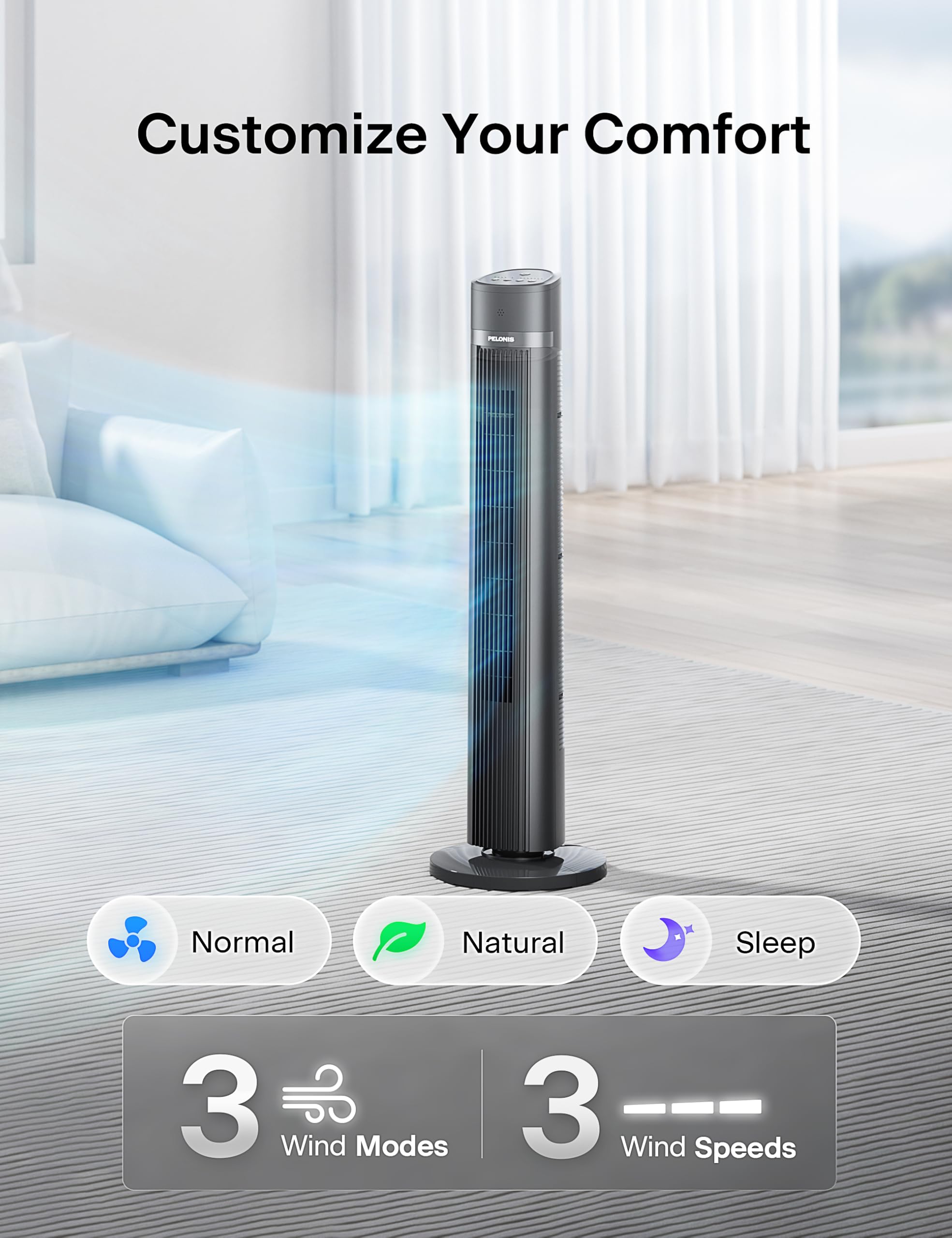 Pelonis remote control in use for convenient room-wide adjustments.