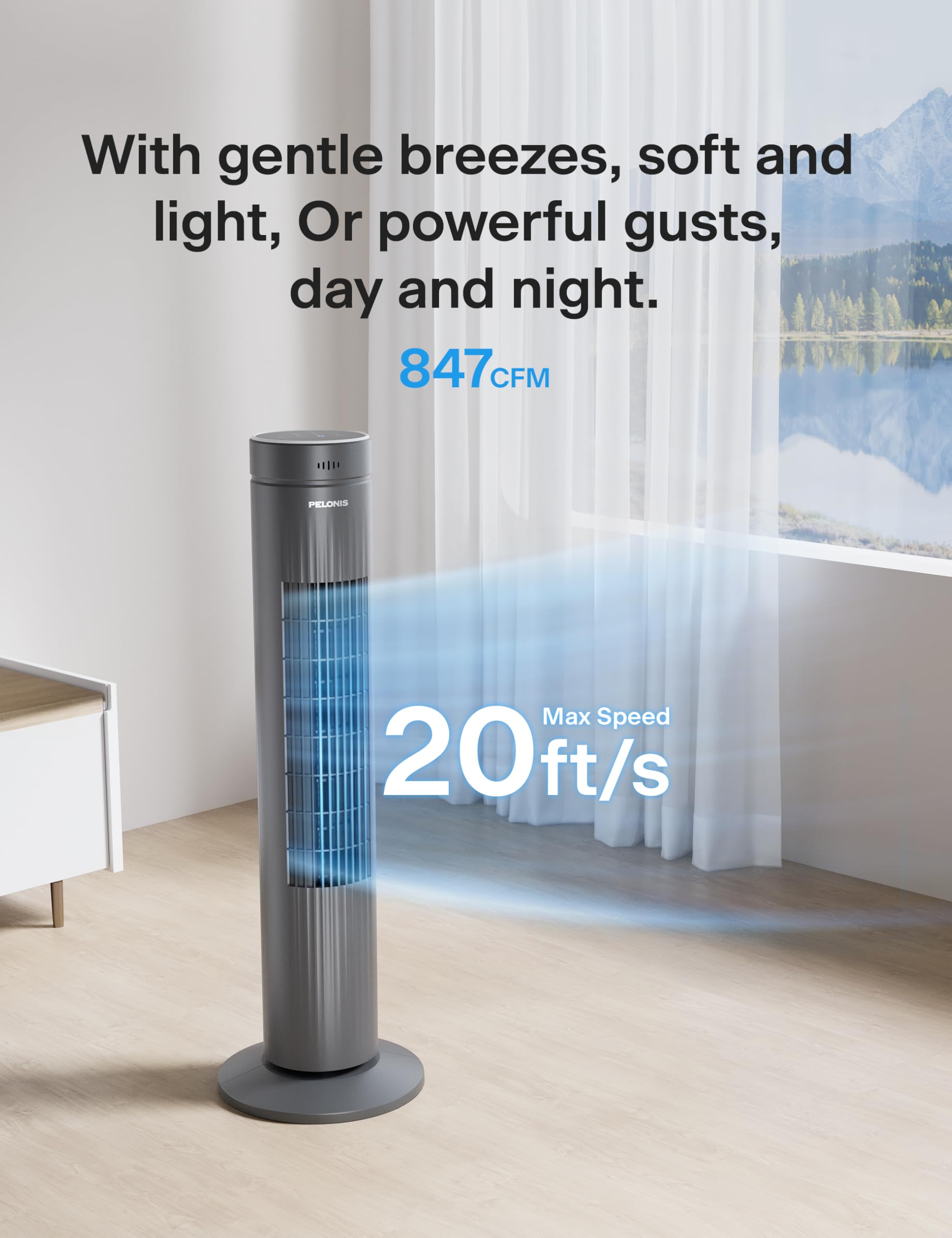 PELONIS space-saving tower fan profile ideal for small rooms.