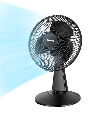 Pelonis table fan 12inch tilt demonstrates precise airflow for personal desk cooling.