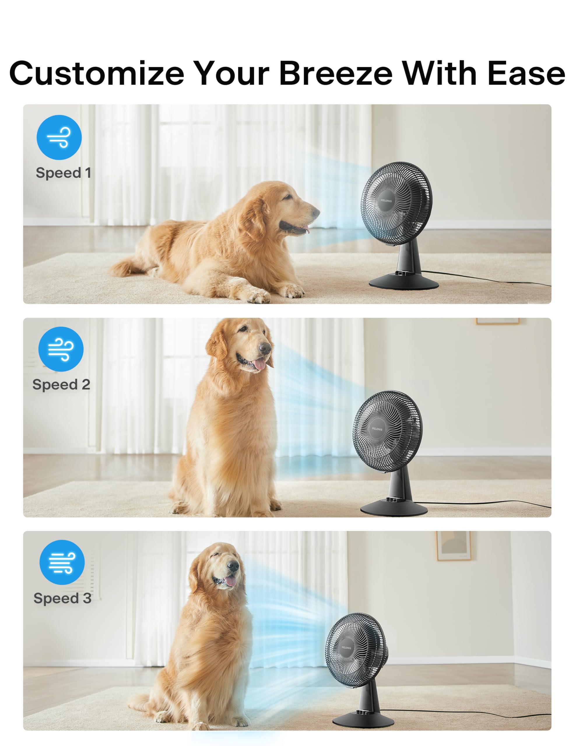 Pelonis table fan with 3 speeds and digital controls for easy adjustments.