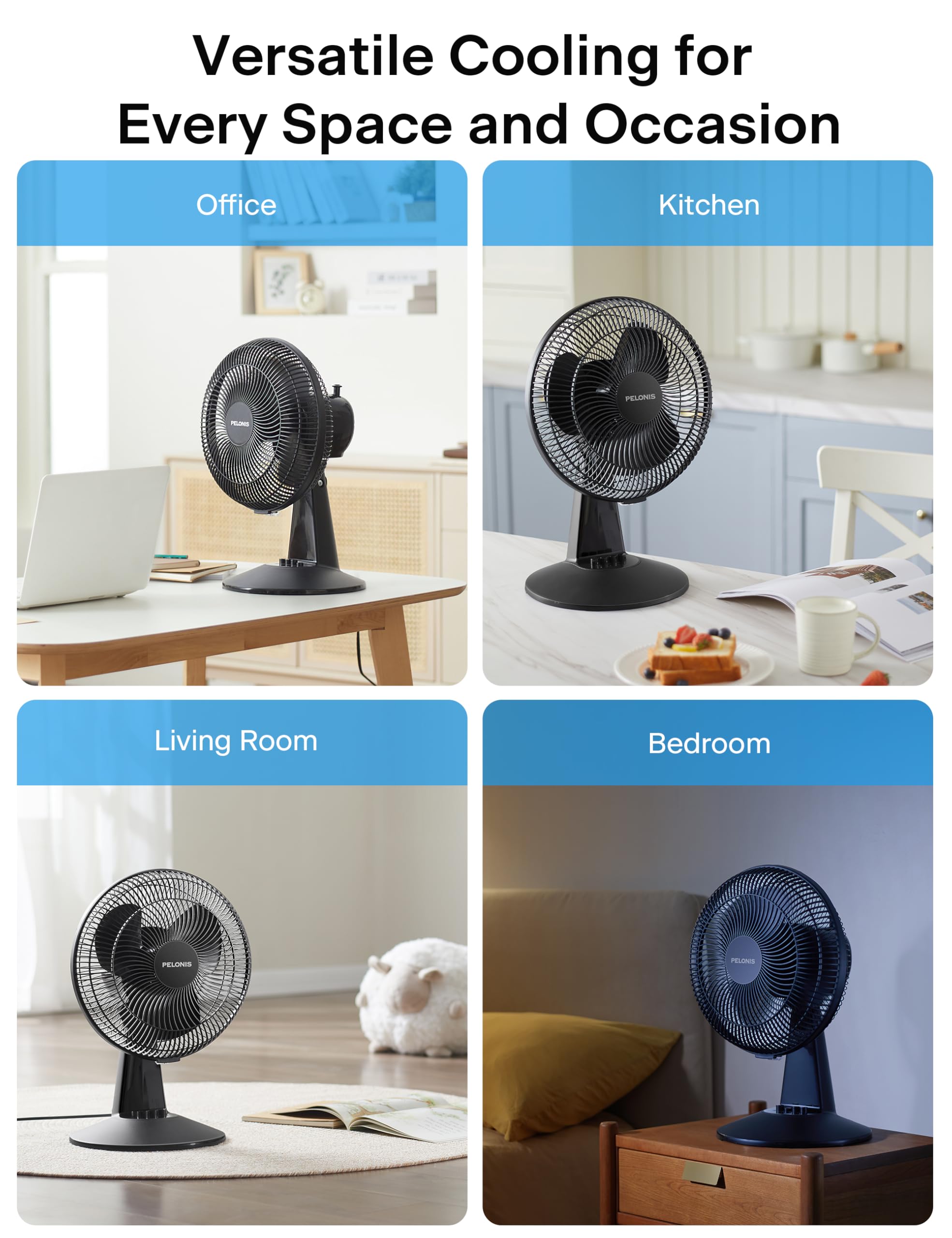 Pelonis table fan dorm-office compact unit tucks under desks and shelves.