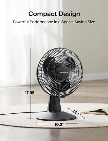 Pelonis table fan ETL-certified safety profile fits dorms and offices.