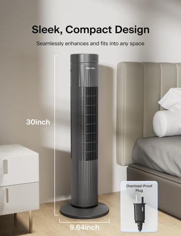 PELONIS tower fan with 7-hour timer featured on a desk setup.