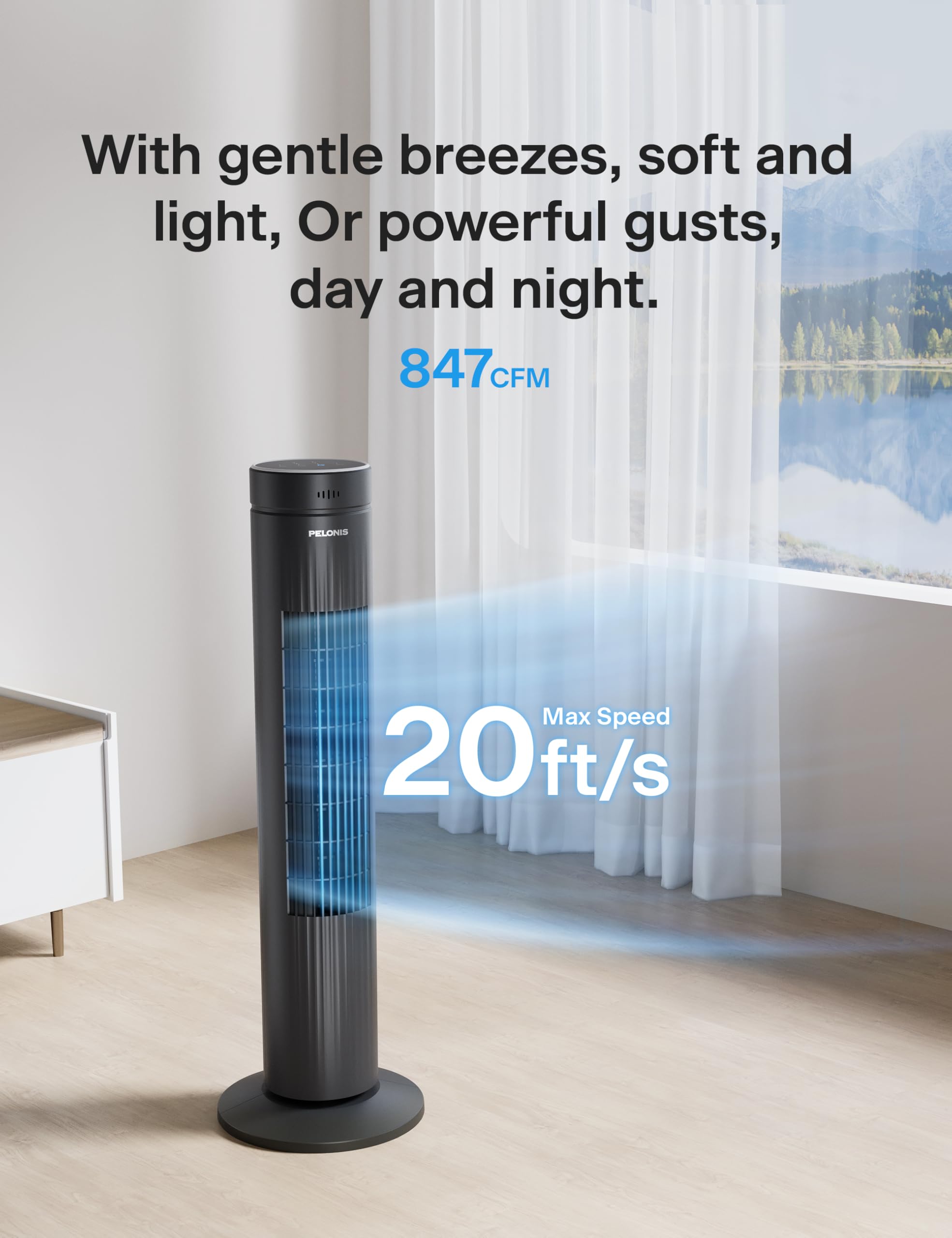 Pelonis tower fan handle enables easy movement between rooms.