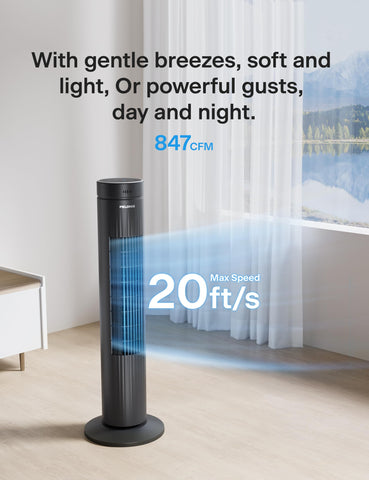Pelonis tower fan handle enables easy movement between rooms.