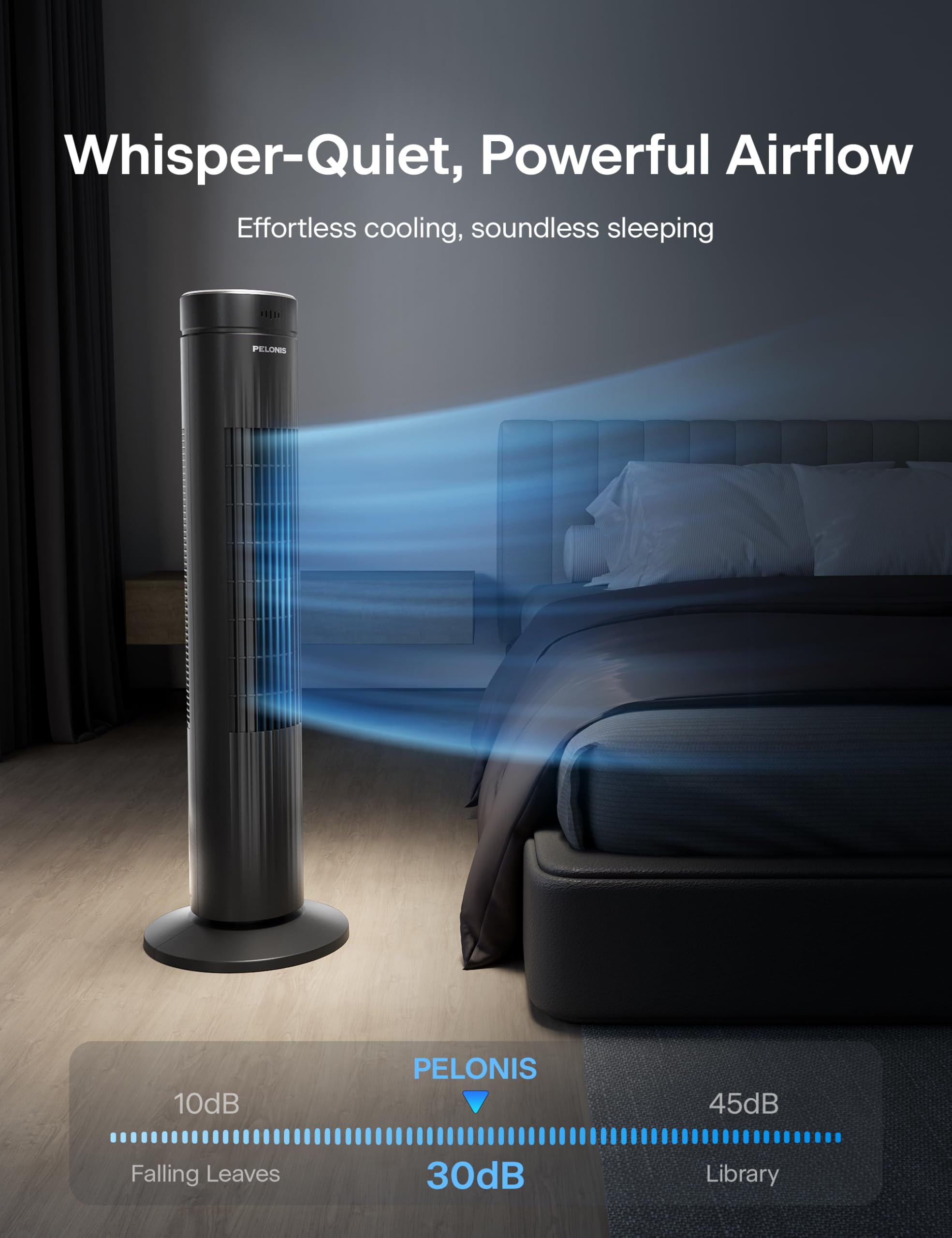Pelonis tower fan remote control for quick adjustments from bed or sofa.