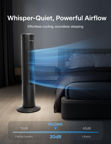 Pelonis tower fan remote control for quick adjustments from bed or sofa.