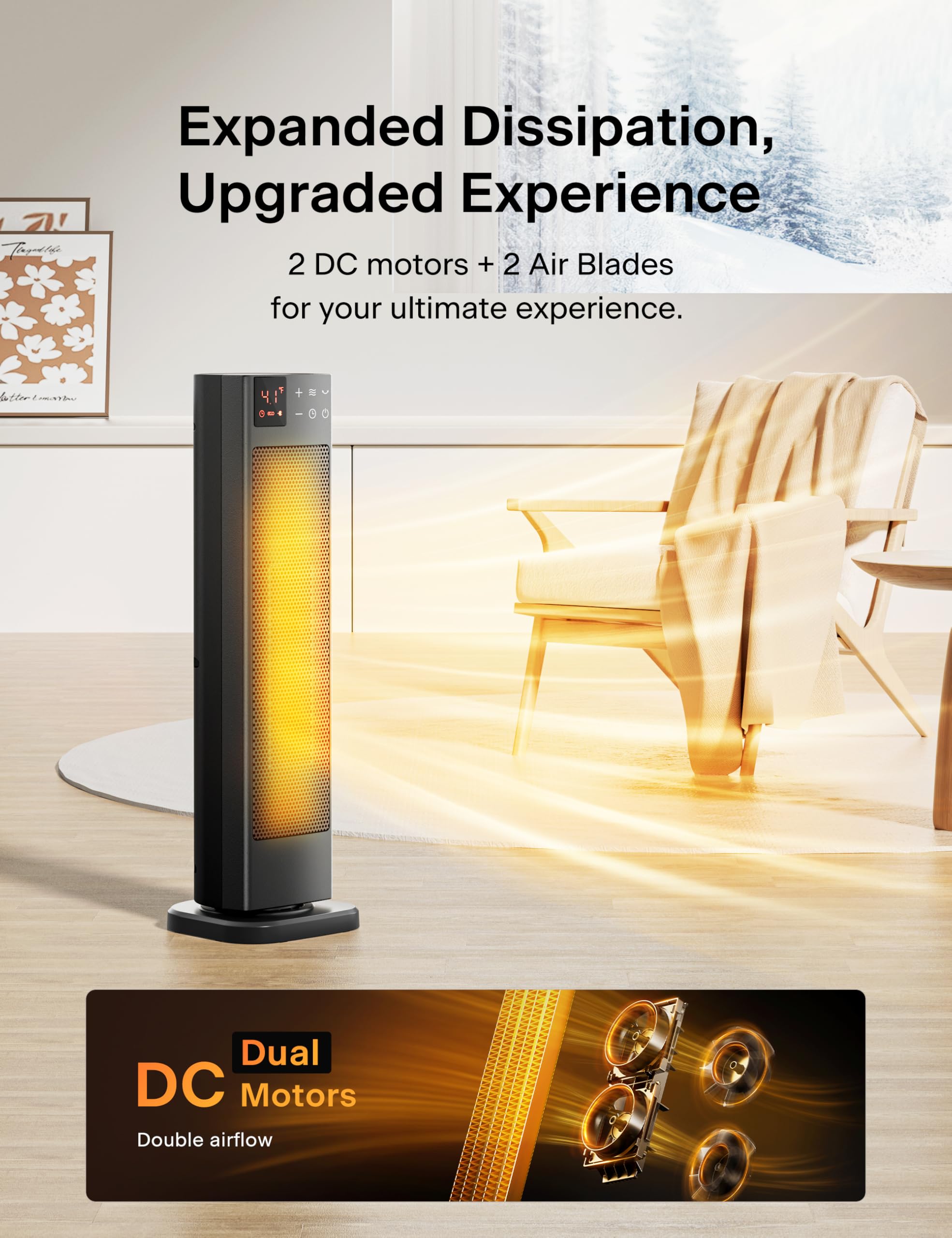Pelonis tower heater remote control for precise temperature and timer settings.