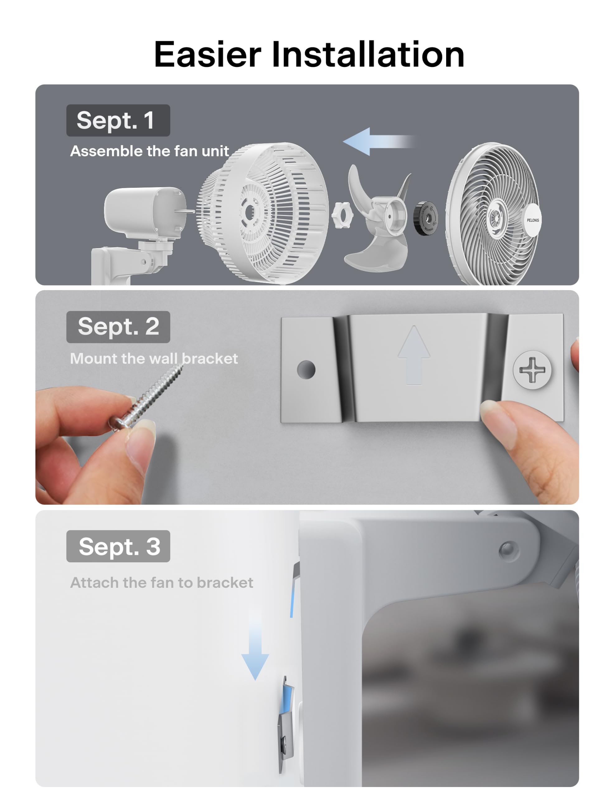 Pelonis wall mount fan with a 12-hour timer for automated cooling.