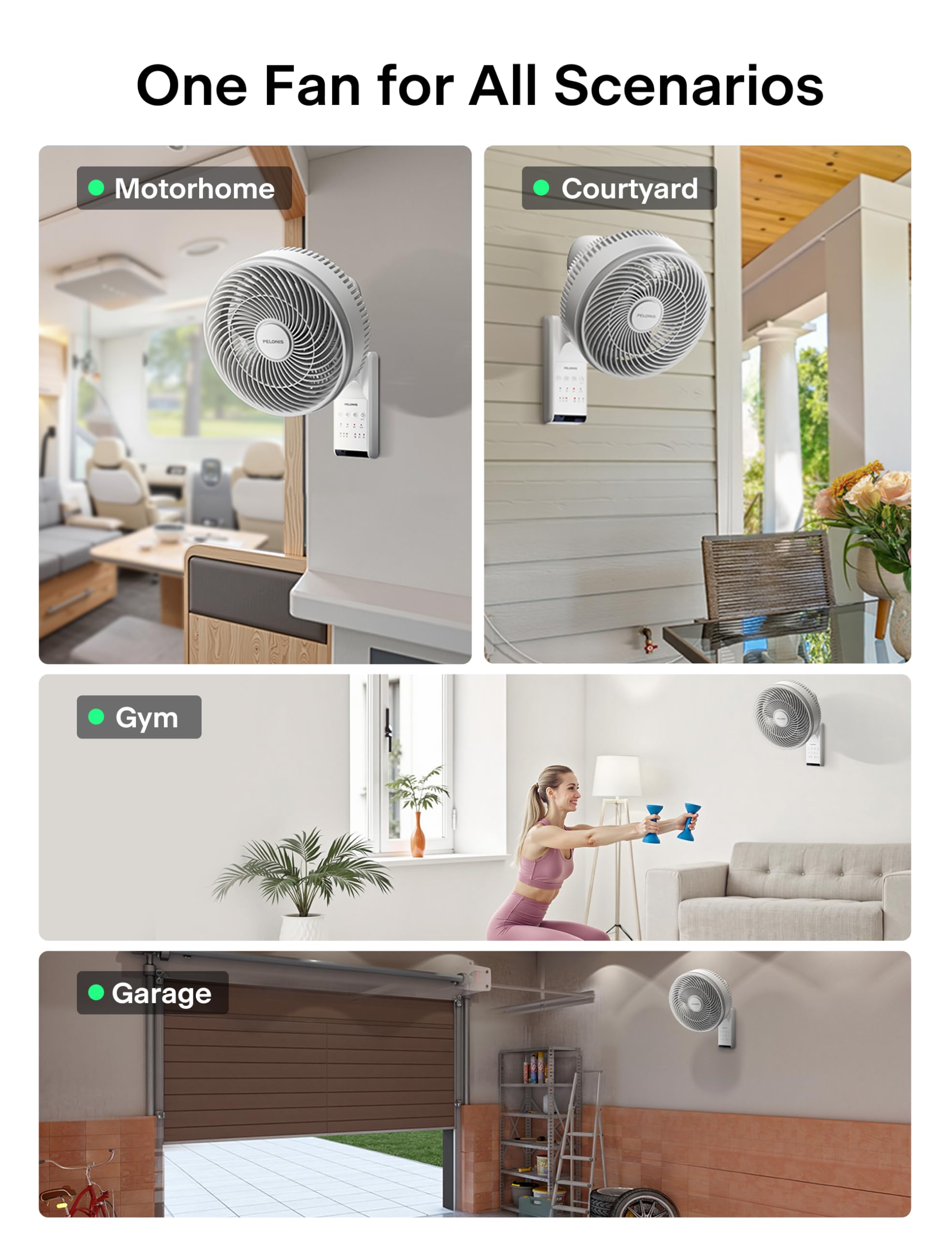 Pelonis wall mount fan quiet operation suitable for bedrooms and offices.