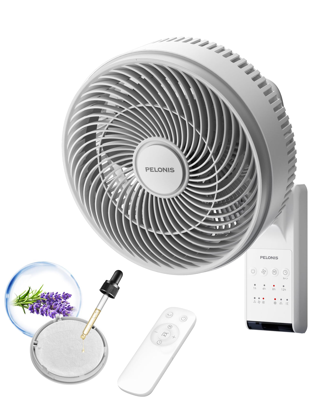 Pelonis wall mount fan with remote control for convenient room cooling.