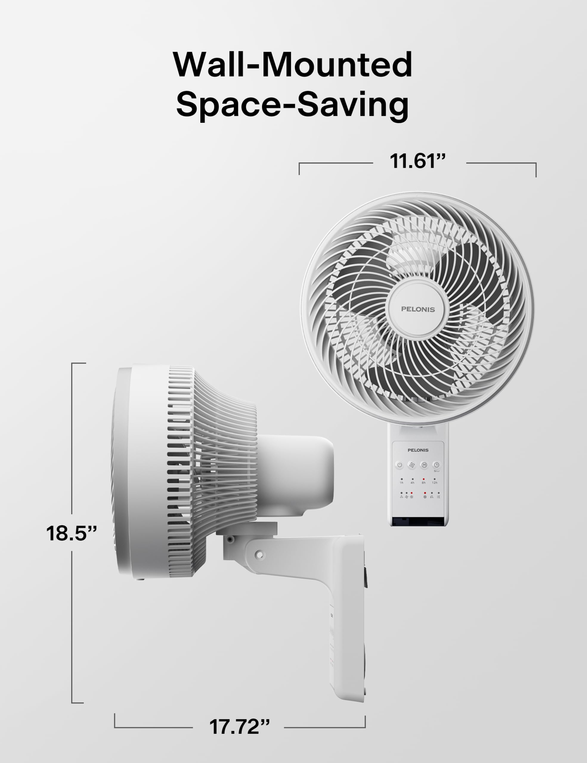 Pelonis wall mount fan saves floor space in home, garage, or gym.