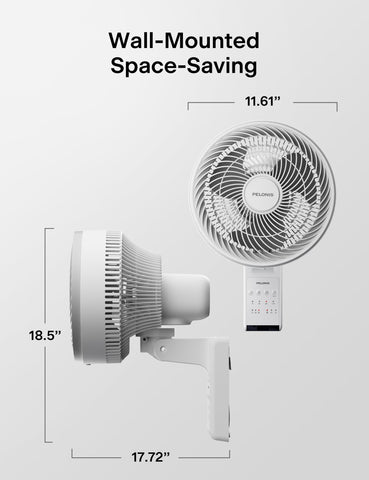 Pelonis wall mount fan saves floor space in home, garage, or gym.
