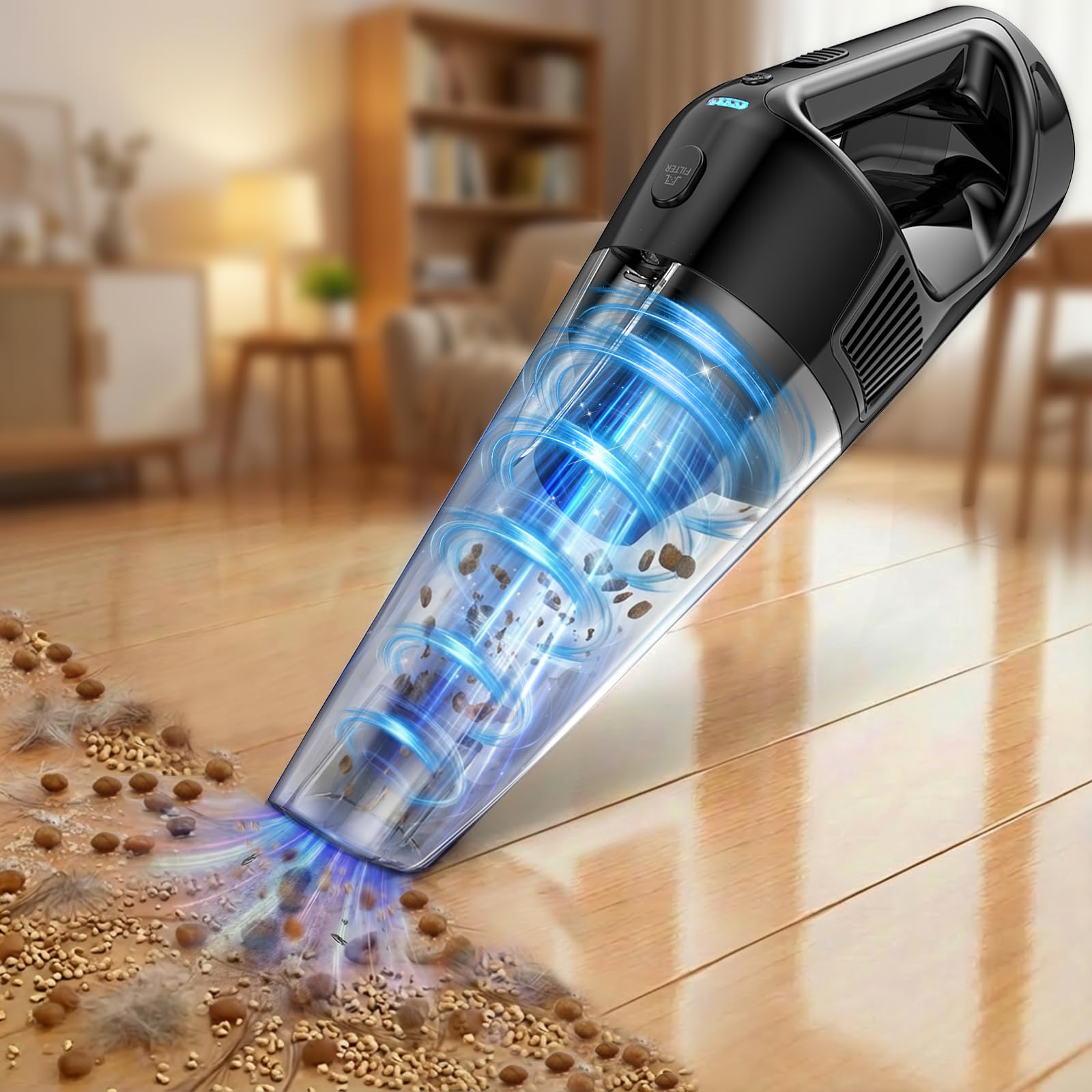 Pemacom handheld vacuum in action delivering a fast 15-minute cleanup across a large 120㎡ room.