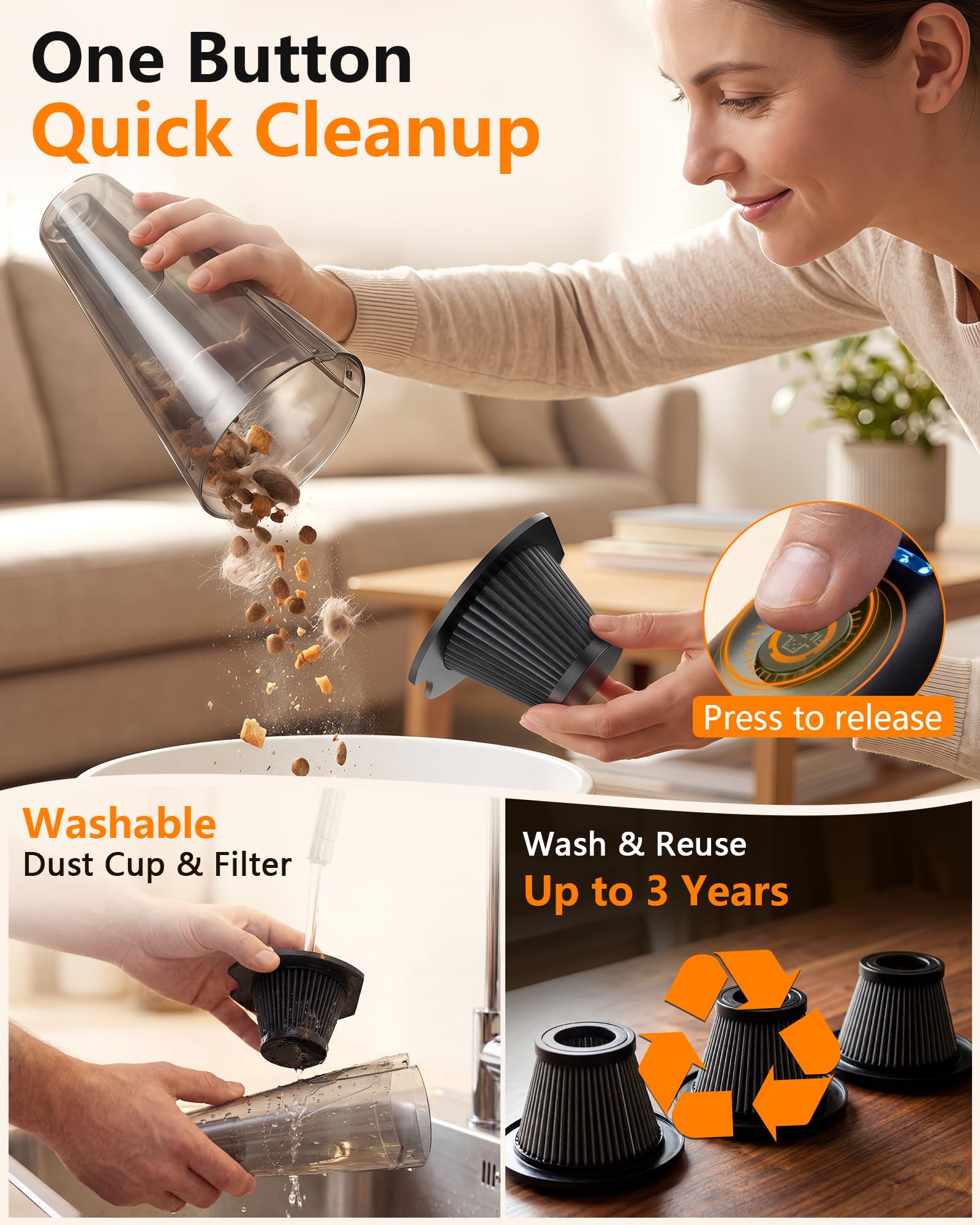 Pemacom attachments including crevice nozzle and brush reach tight gaps.