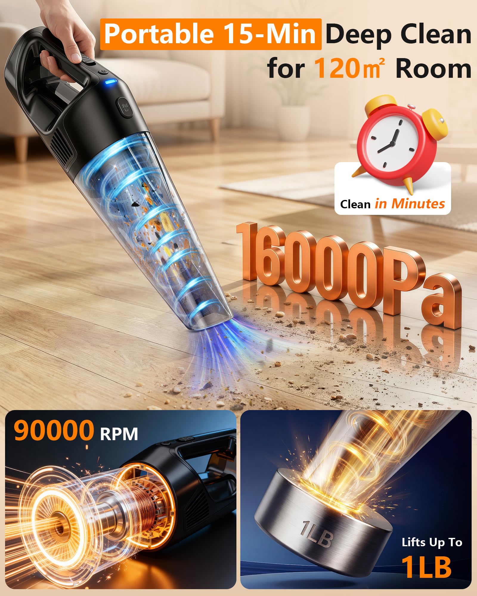 Pemacom portable vacuum in use on a couch to remove crumbs and pet hair.