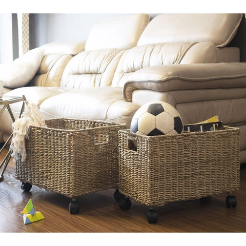 Pemar rolling basket wheels in action for easy room-to-room transport.