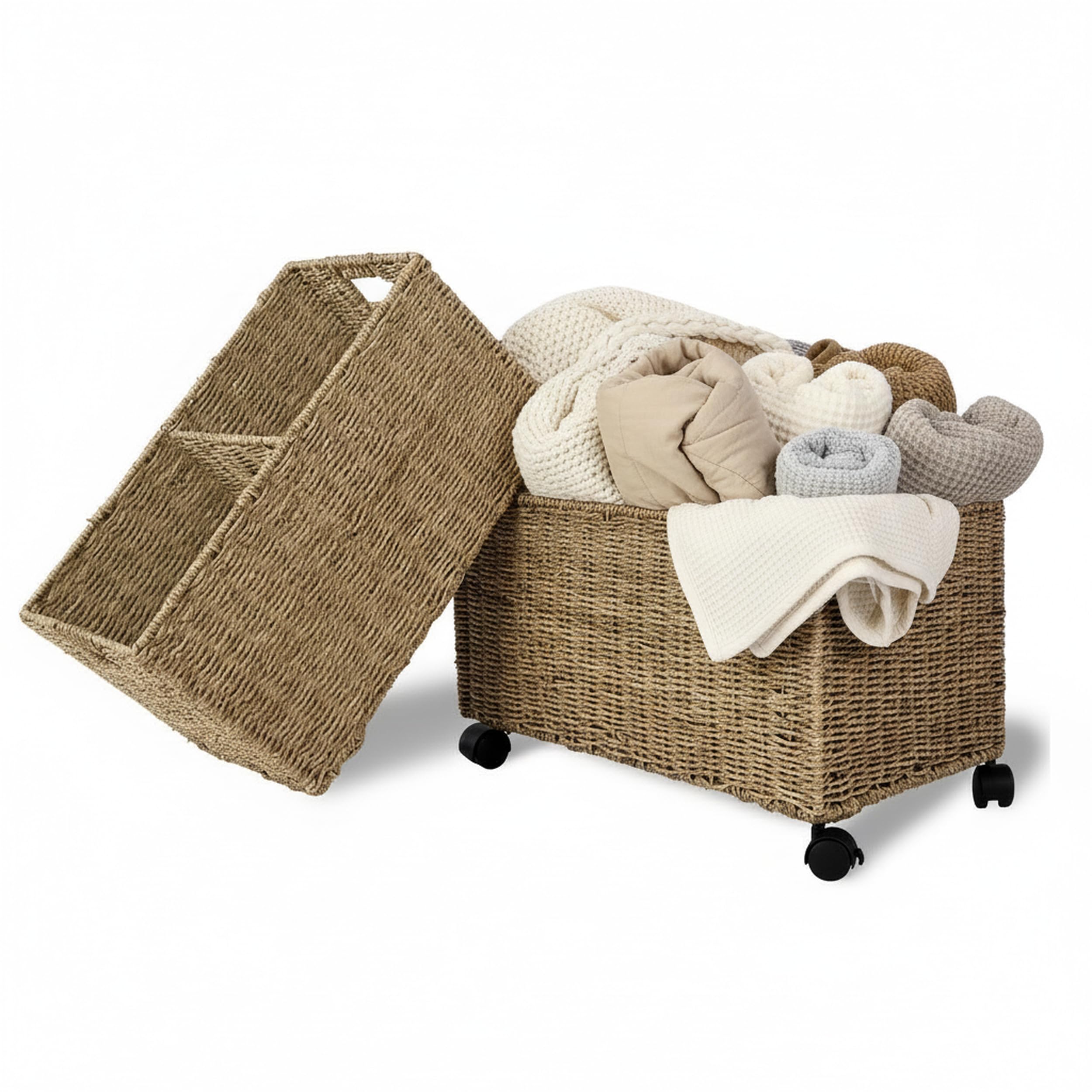 Pemar wicker rolling basket large with wheels for under-desk organization.