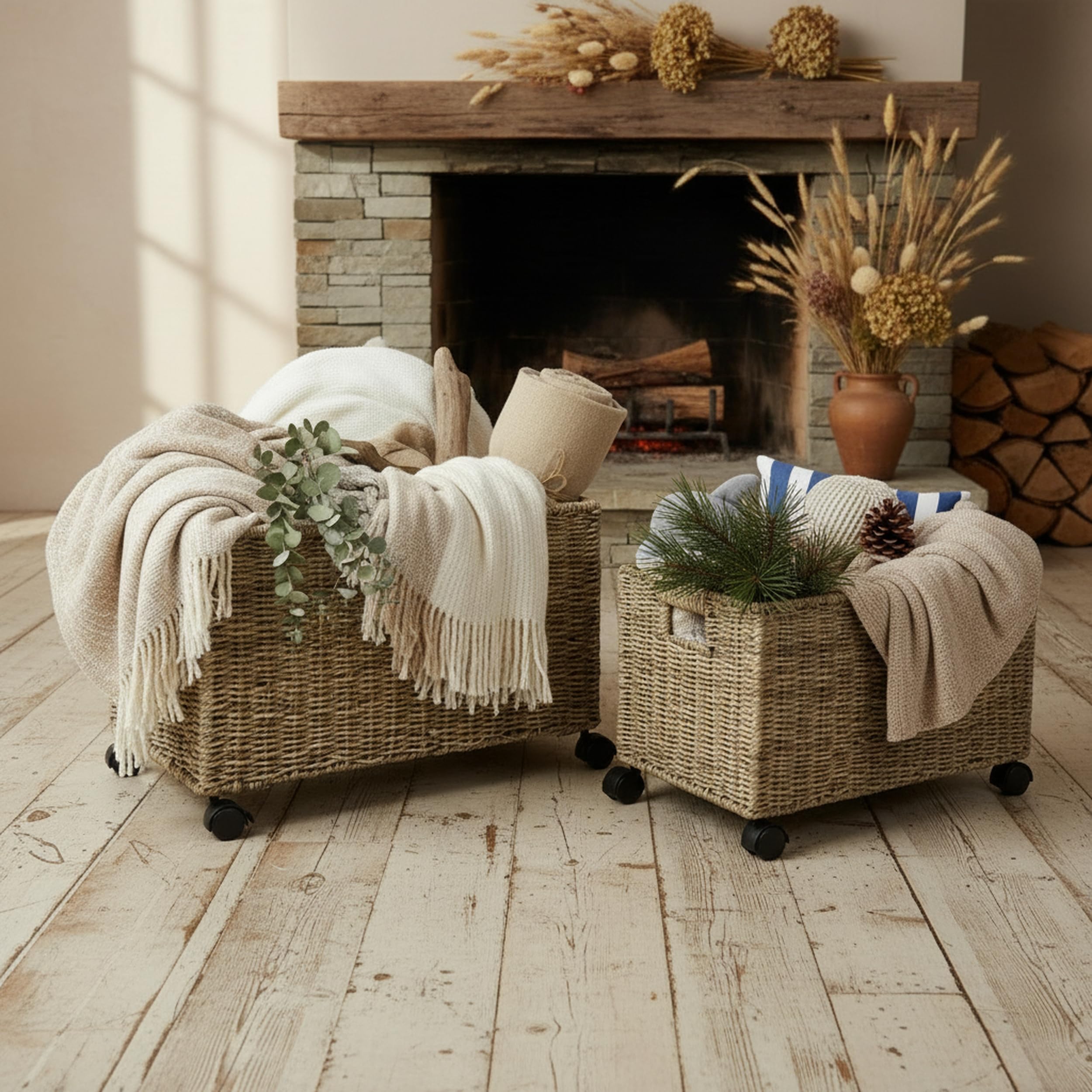 Pemar wicker rolling basket medium for versatile storage at home or office.