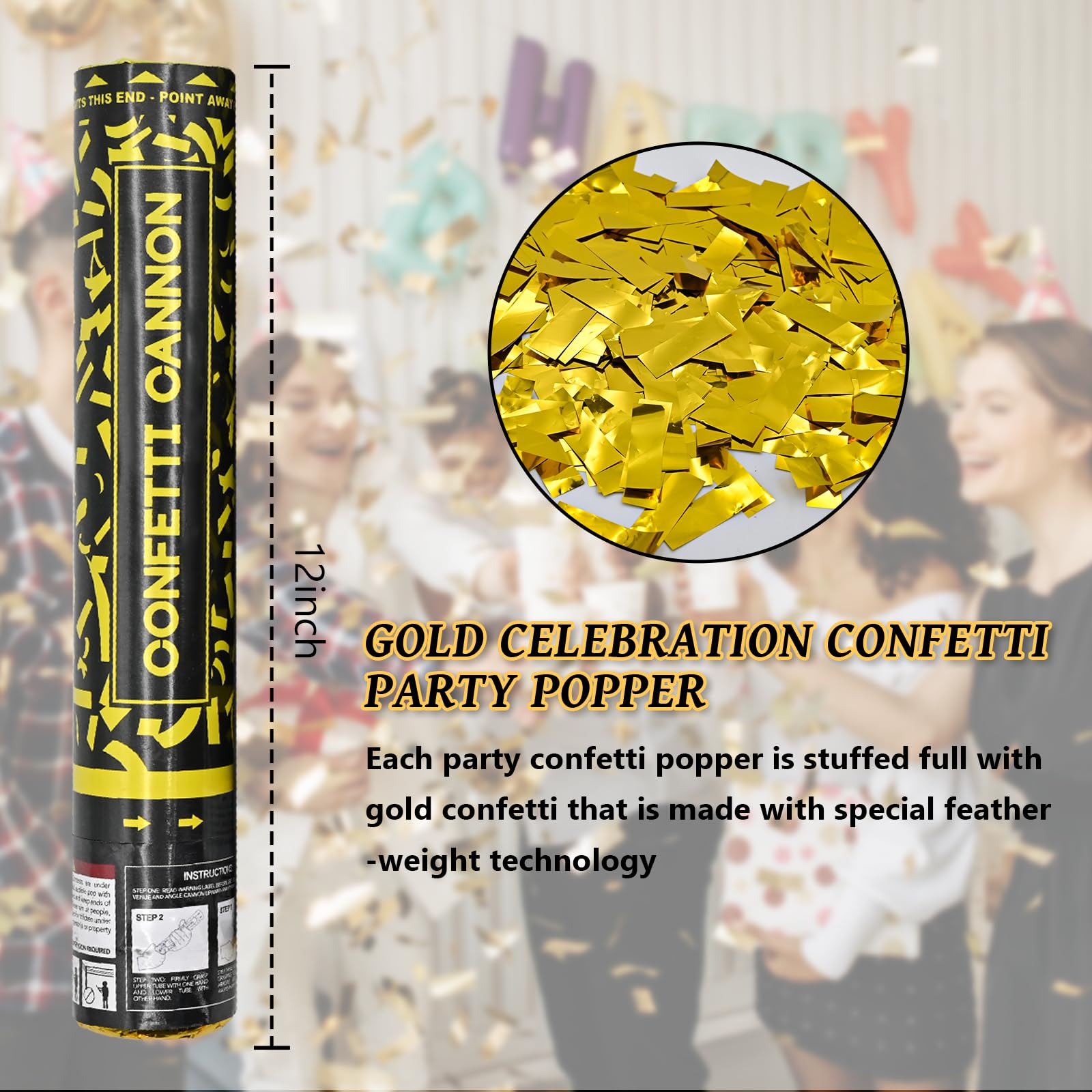 Pemui confetti cannon gold 12in aerial burst captures sky-high sparkle.