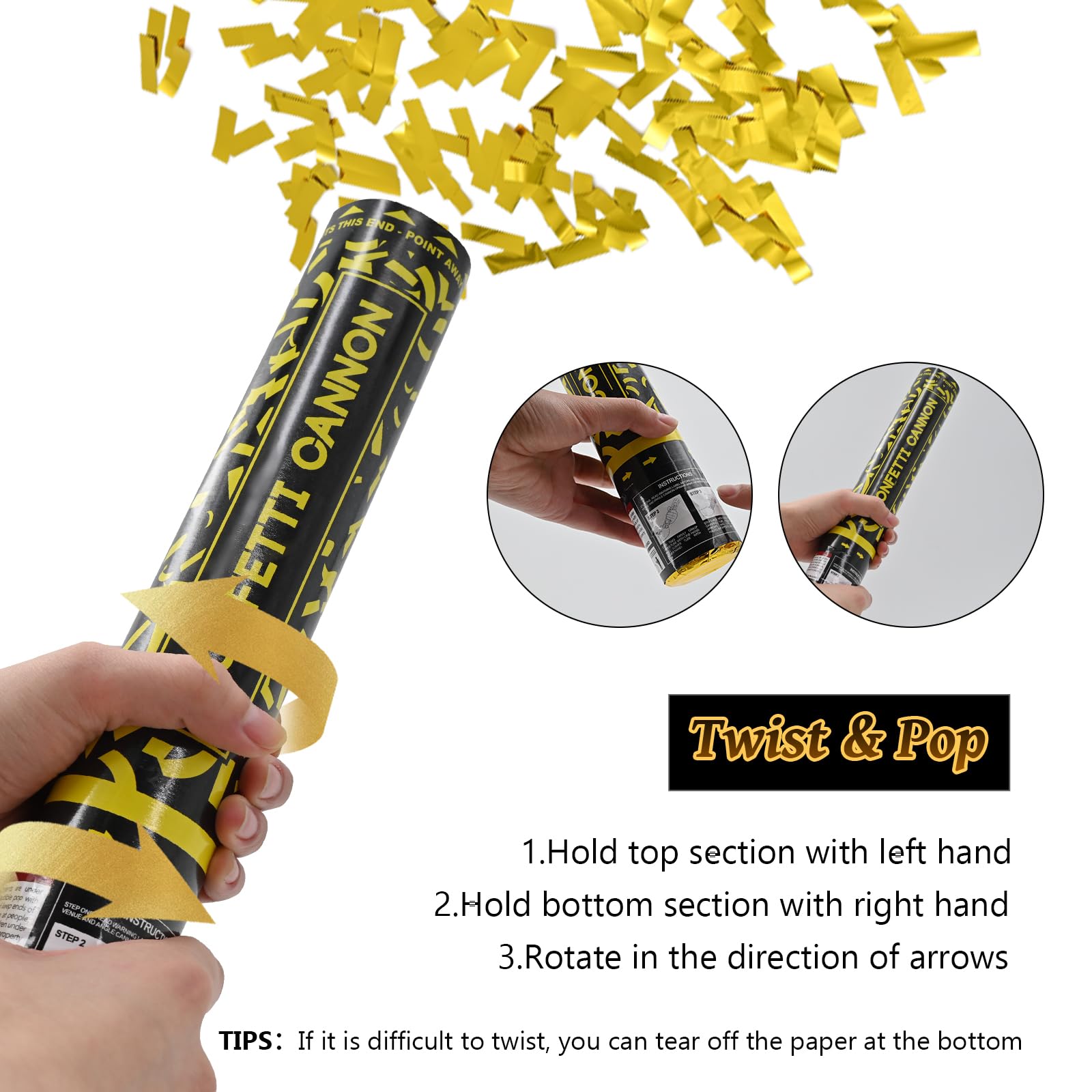 Pemui confetti cannon gold 12in closeup showing premium metallic confetti.