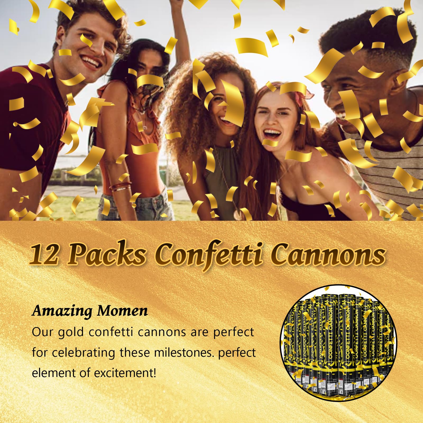 Pemui confetti cannon gold 12in ready for festive packaging and grand moments.