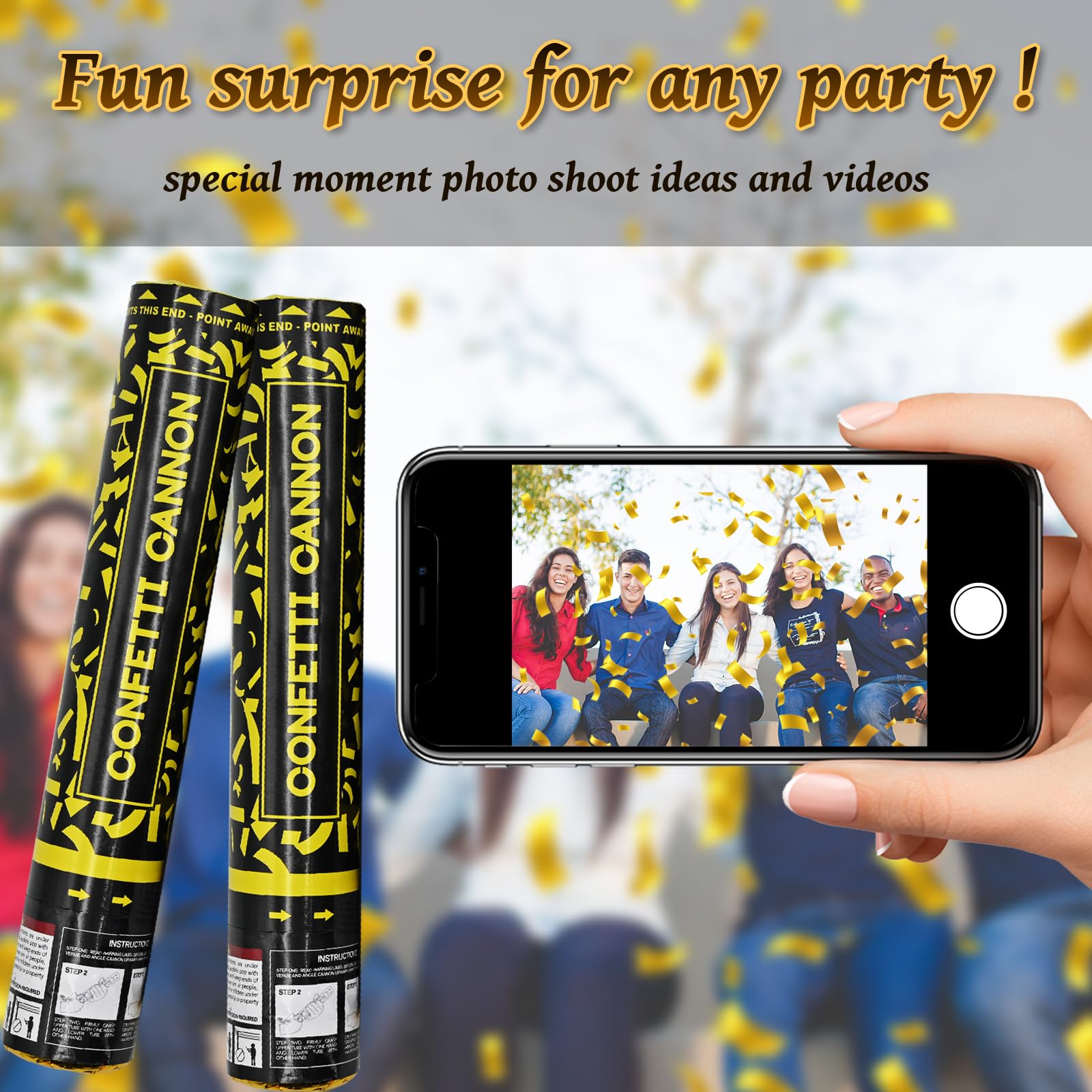 Pemui graduation confetti cannon gold 12in enhances celebratory photos.