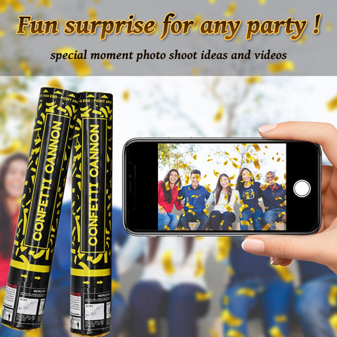 Pemui graduation confetti cannon gold 12in enhances celebratory photos.