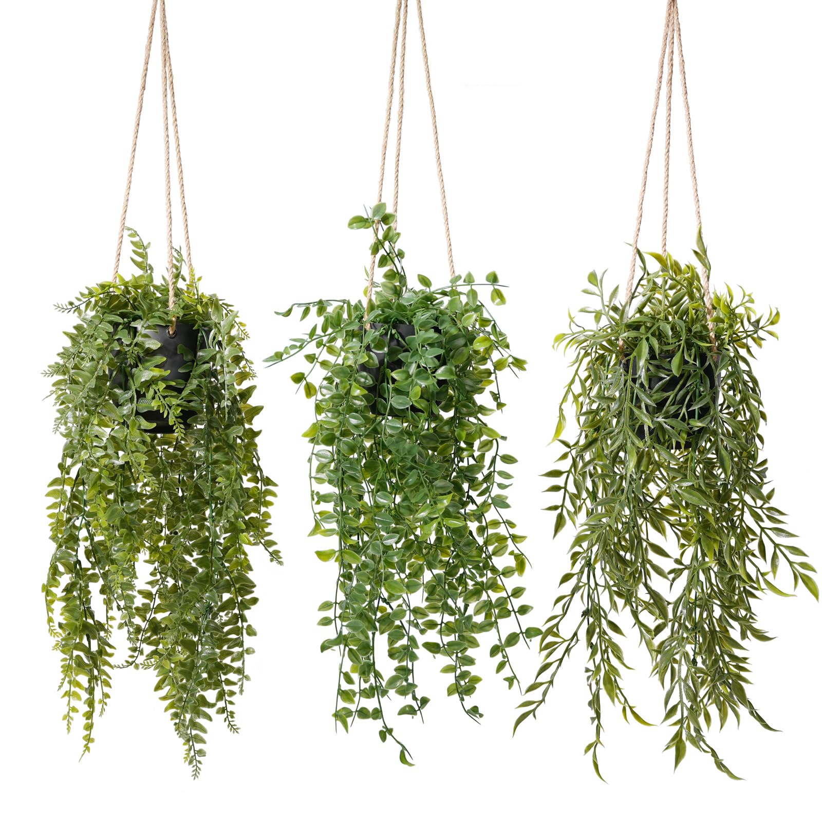 PENGYEE 3-pack fake hanging plants with black pots for wall decor—low maintenance.