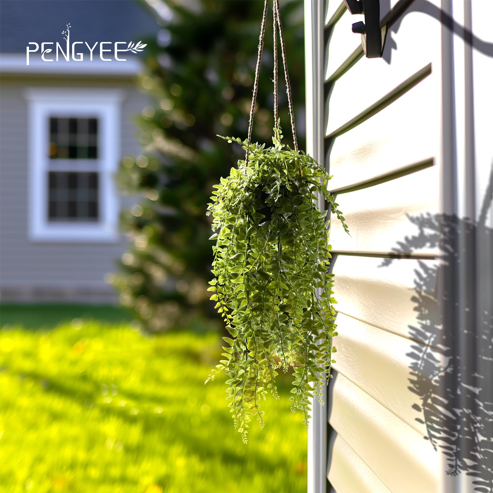 PENGYEE artificial hanging plant with fern leaves and adjustable twine, vibrant year-round.