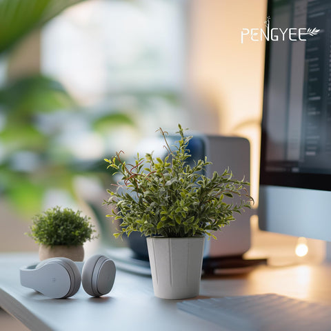 PENGYEE compact artificial plant in white pulp pot brightens shelves and desks.