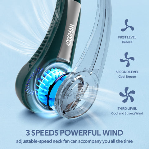 Penkou hands-free wearable neck fan worn during outdoor activities.