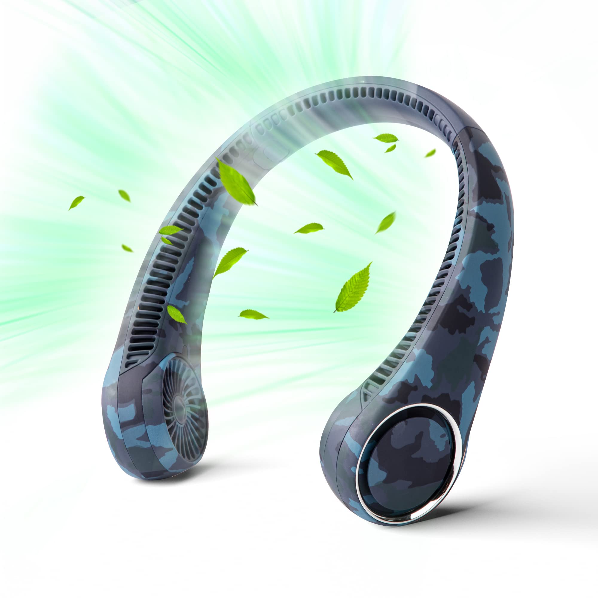 Penkou portable neck fan front view in blue camouflage delivering cooling on the go