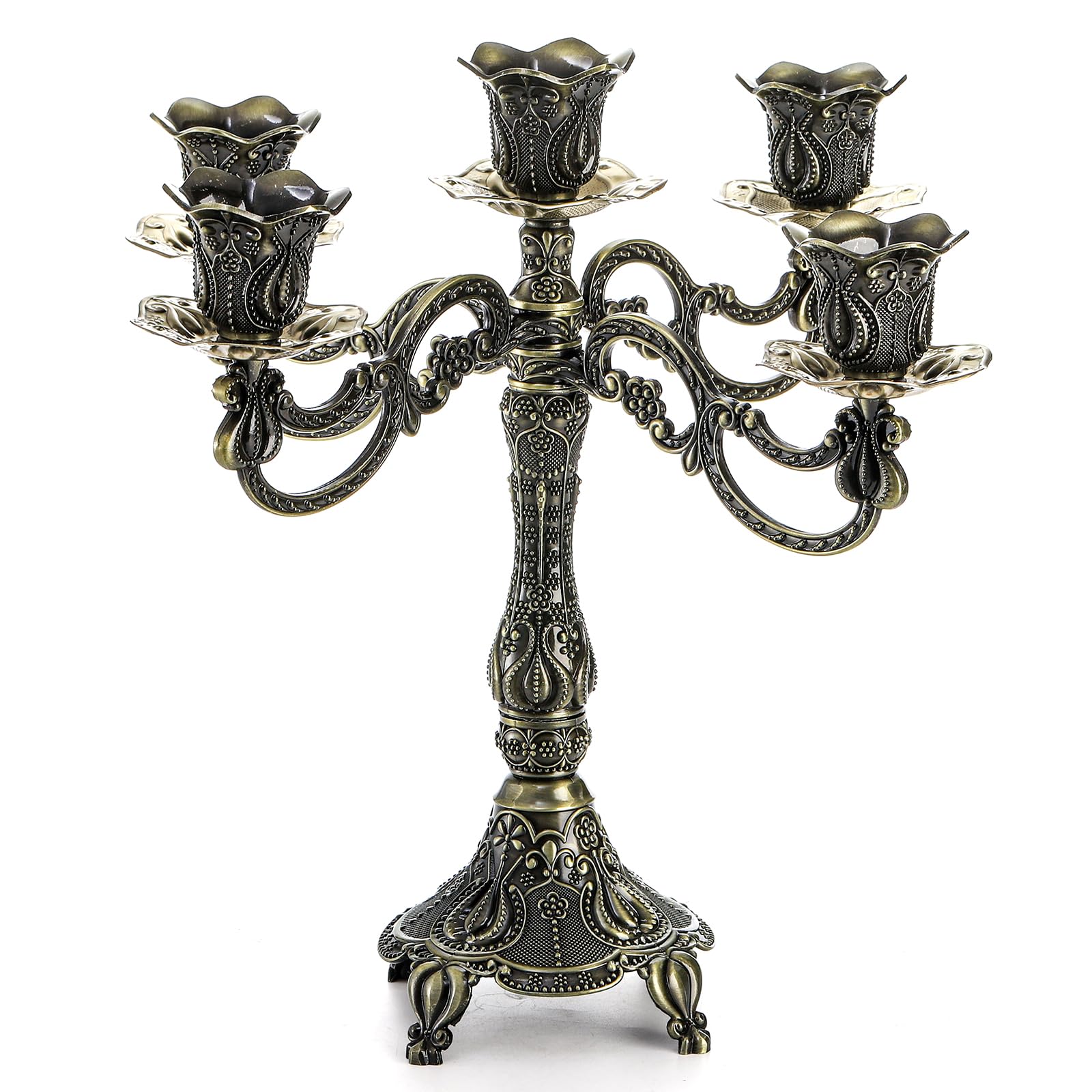 Peohud 5-candle metal candelabra assembly view showing compact centerpiece setup
