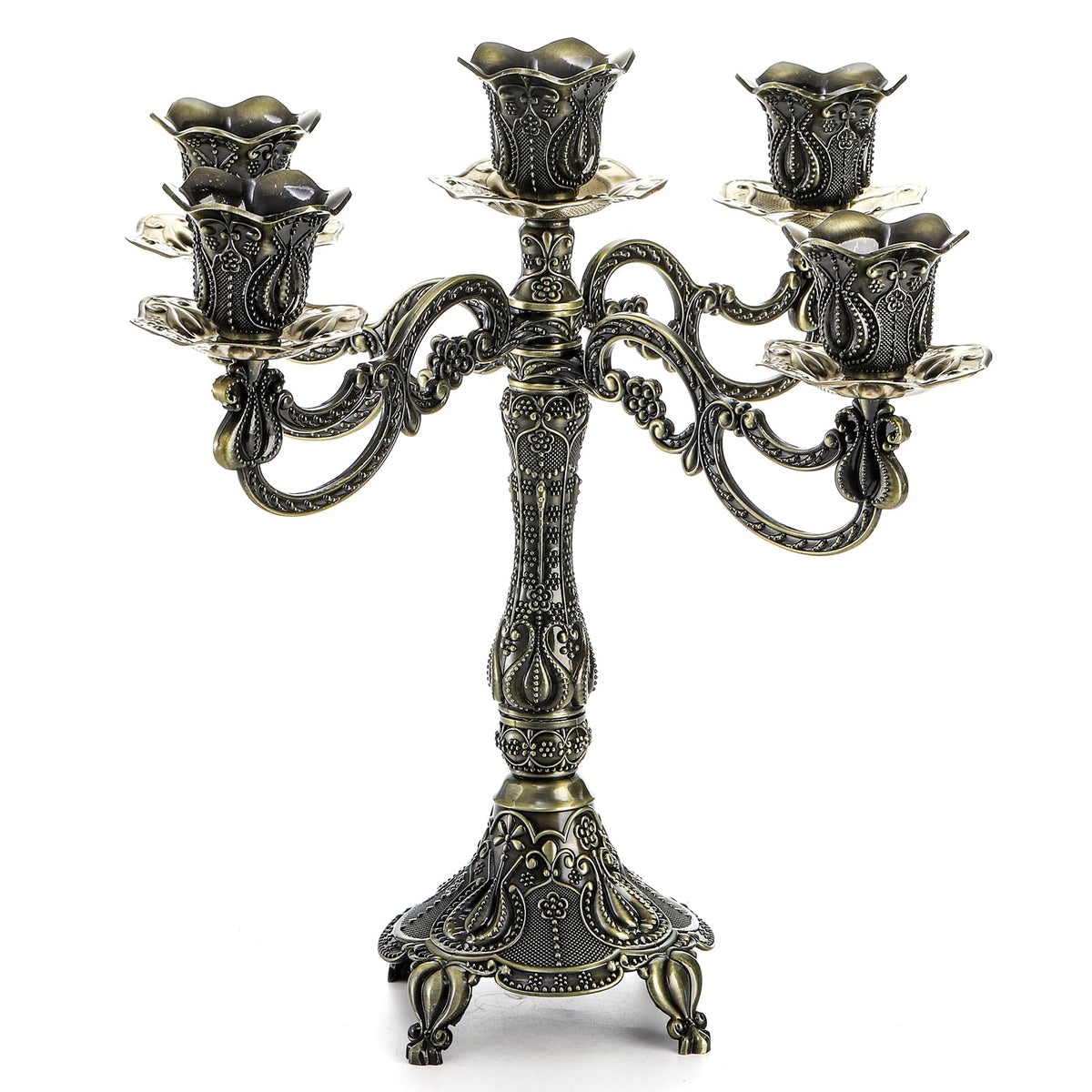 Peohud 5-candle metal candelabra assembly view showing compact centerpiece setup