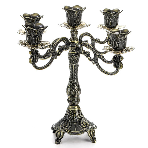 Peohud 5-candle metal candelabra assembly view showing compact centerpiece setup