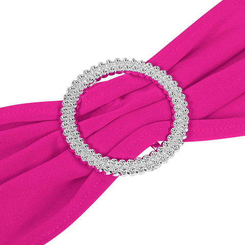 Peomeise fuchsia sash decor adds vibrant wedding chair accents.
