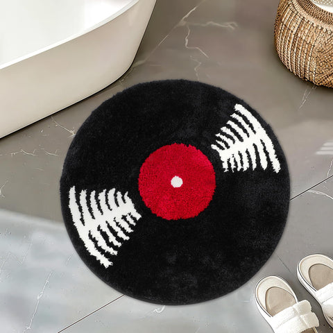 Percozzi vinyl record bath mat with round rug design offering non-slip safety.