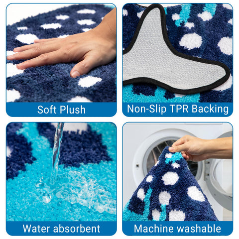 Percozzi Whale Shark rug curved tub fit demonstrates versatile sizing for curved bathroom layouts.