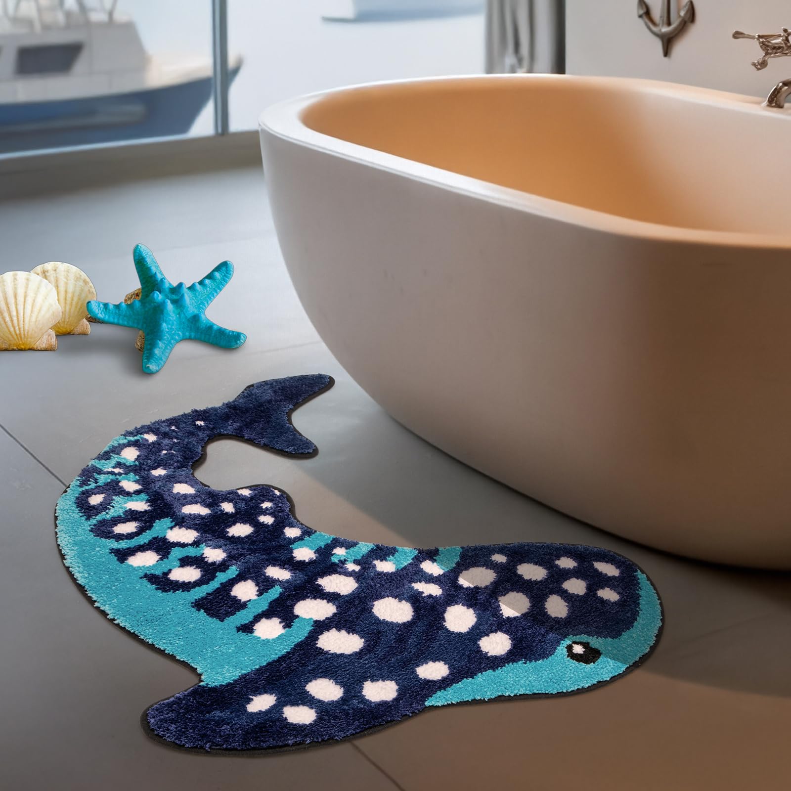 Percozzi Whale Shark rug 35x28 fits curved tubs stylishly.