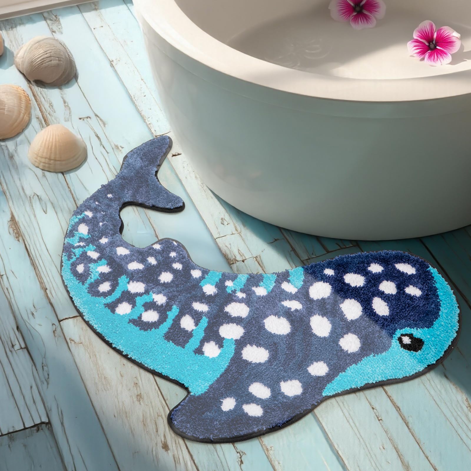 Percozzi Whale Shark bath rug front view highlights plush tufted texture for a cozy bathroom.