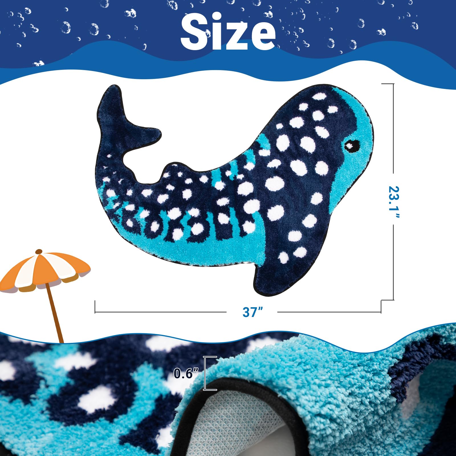 Percozzi Whale Shark rug non-slip back enhances bathroom safety on wet floors.